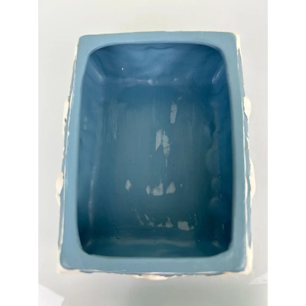 Vintage 1970s Hand Painted Ceramic Lidded Trinket Box Cherubs Angels Blue White